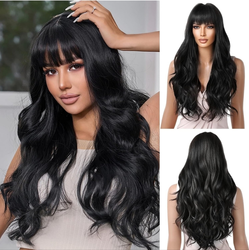 Black Long Wavy Wig With Bangs Natural Synthetic Hair Heat Resistant 28 inch